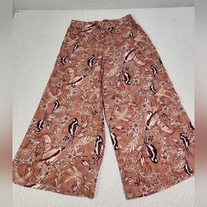 TAHARI 100% Linen Wide Leg Pants Rust Brown Bird Floral‎ Print Womens Large